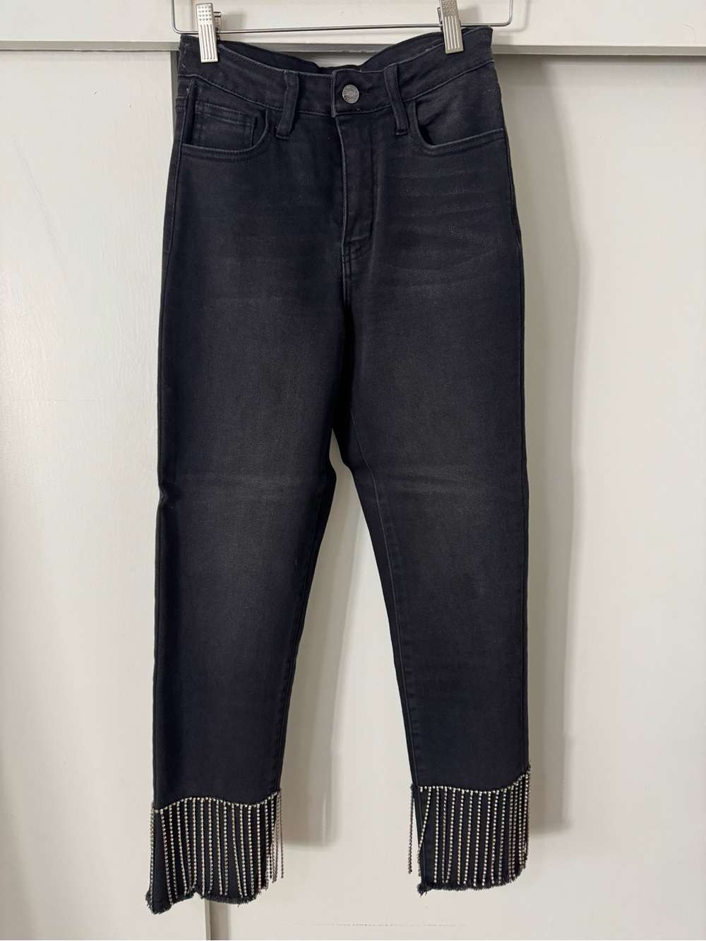 Forever 21 Black Slim Straight Jeans with Rhinestone Fringe
